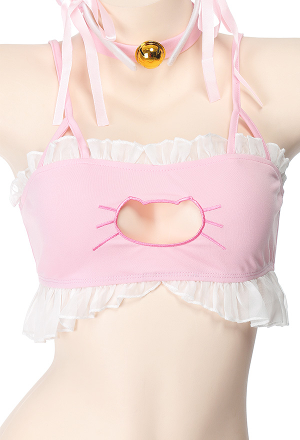 MELT YOUR HEART Sweet Girl Cute Two-piece Lingerie Set Sexy Style Pastel Hollow Cat Shaped Chest Ruffle Trim Decorated Lingerie