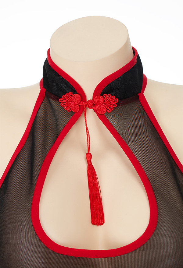 Woman Fancy Night Valentine lingerie Cheongsam Style Black Sheer Mesh Side Straps Sleeveless Halter Dress with brief