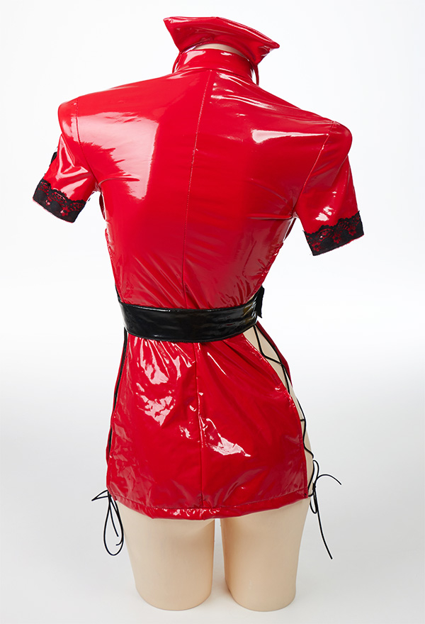 Ur Medi-sin Women Sexy Nurse Uniform Shiny Leather Buckle-up Open Chest Lingerie
