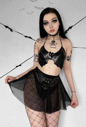 INDULGE THE NIGHT Sexy Bat Girl Halter Lingerie Black PU Leather Bat Shaped Lace-up Top Sheer Skirt with Thong