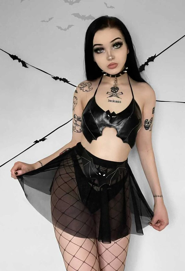 Indulge The Night Women Gothic Sexy Black PU Leather Bat Shaped Lace-up Lingerie Set