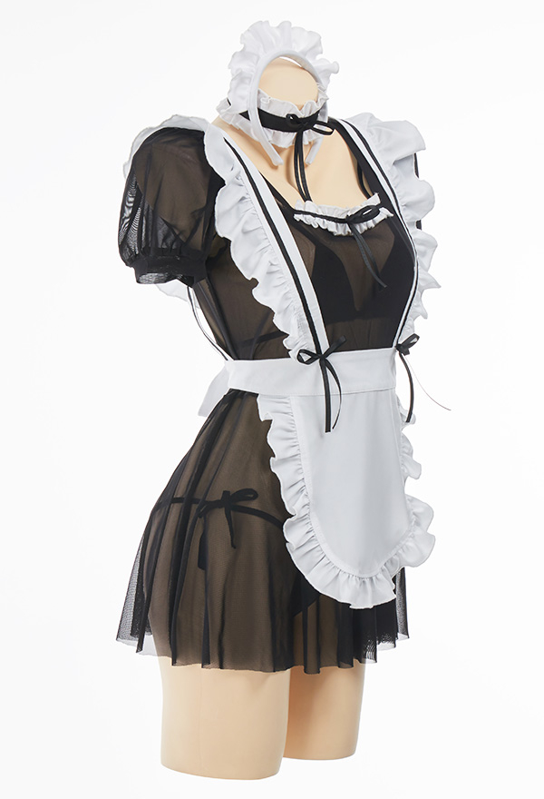 Gothic Sexy Lingerie Meet His Need Maid Uniform Black Sheer Bow Decorated Dress with Ruffle Edge Apron and Headwear