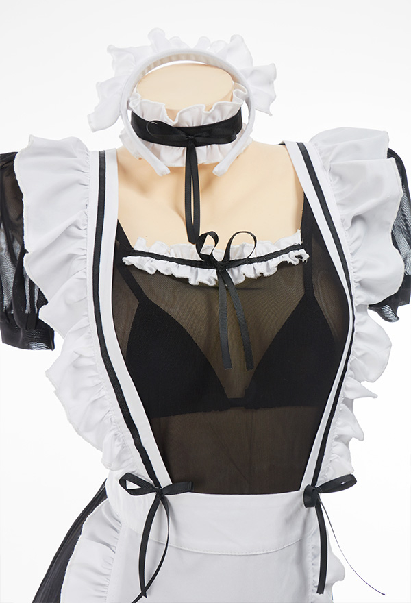 Gothic Sexy Lingerie Meet His Need Maid Uniform Black Sheer Bow Decorated Dress with Ruffle Edge Apron and Headwear