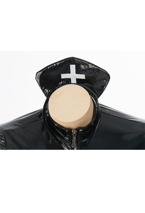 FALLEN ANGEL Gothic Temptation Nurse Uniform Sexy Style Black Mesh Cross Pattern Bodysuit with Gloves and Hat