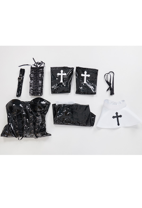 HOLY LOVE Gothic Devil Ghost Nun Sexy Uniform Black PU Leather Front Lace-up Bodysuit with Headwear and Gloves