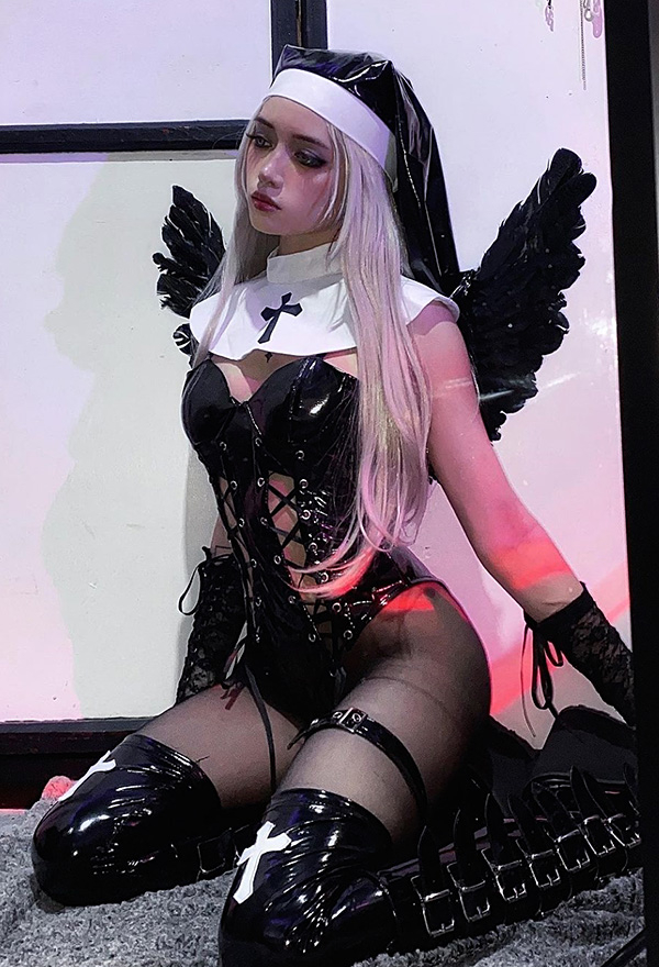 HOLY LOVE Gothic Devil Ghost Nun Sexy Uniform Black PU Leather Front Lace-up Bodysuit with Headwear and Gloves