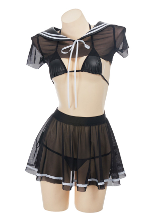 Passion Release Gothic Sexy Sailor Uniform Black Sheer Mesh Sailor Collar Top and Thong Lingerie Set with Skirt