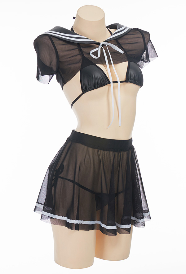 Passion Release Gothic Sexy Sailor Uniform Black Sheer Mesh Sailor Collar Top and Thong Lingerie Set with Skirt