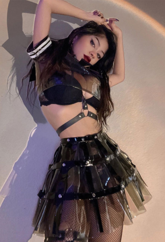 Passion Release Gothic Sexy Sailor Uniform Black PU leather Bow Decorated Sailor Collar Sheer Top and Skirt Lingerie Set with Leg Strap