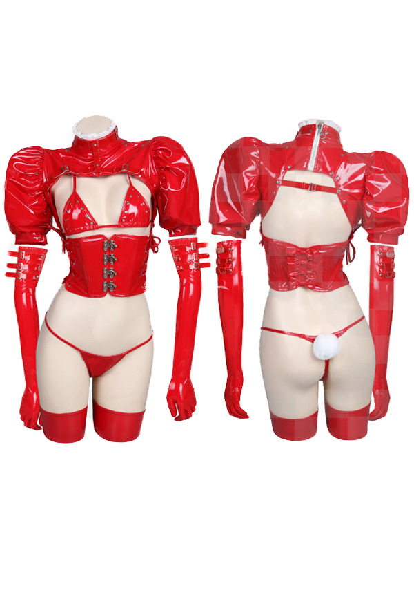 INDULGE THE NIGHT Devil Bunny Girl Sexy Uniform Red Patent Leather Hollow Chest Corset Lingerie Set with Removable Furry Tail