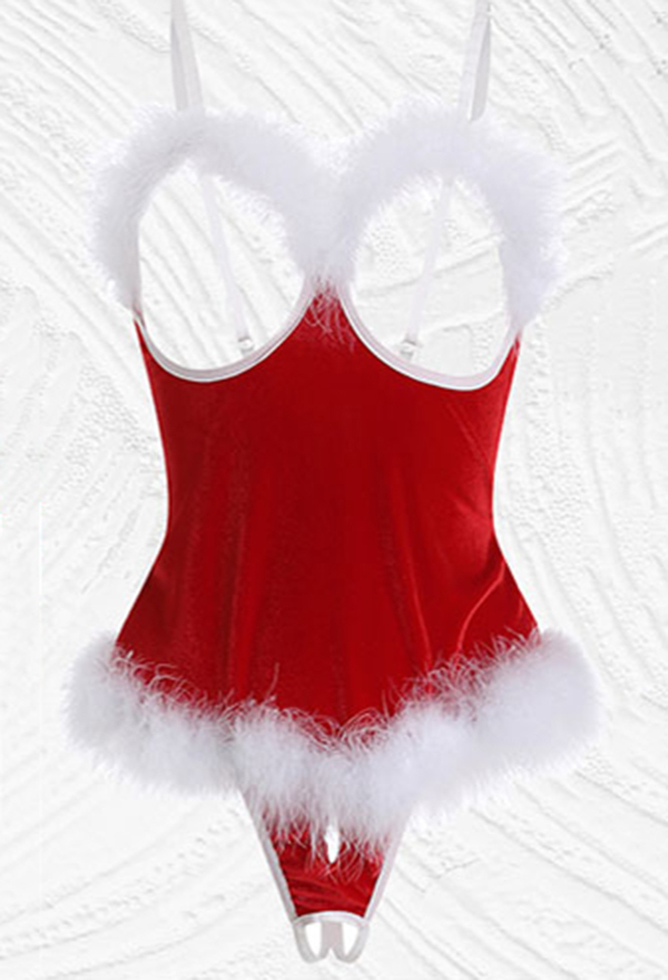 Women Sexy Red Christmas Fluffy Hollow Bodysuit