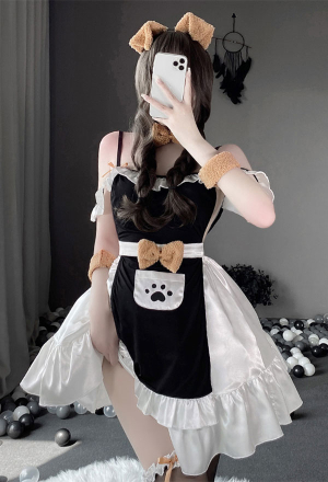 Kawaii Meet His Need Cute Maid Uniform Black and White Bow Decorated Ruffle Edge Backless Dress