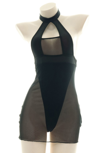 Women Sexy Sheer Halter Lingerie Hot Style Black Chiffon Chest Open Sleeveless Dress Bodysuit