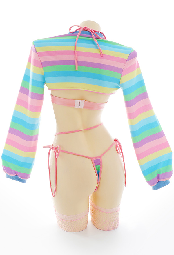 Passion Release Women Pride Show Breast Yes Daddy Print Rainbow Stripe Sexy Lingerie Set
