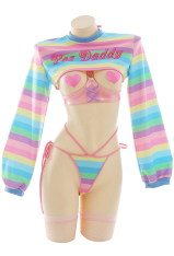Passion Release Women Pride Show Breast Yes Daddy Print Rainbow Stripe Sexy Lingerie Set