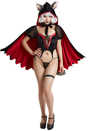 MY HAUNTED HEART Gothic Wild Wolf Girl Sexy Lingerie Set Black and Red Front Lace-Up Vintage Lingerie