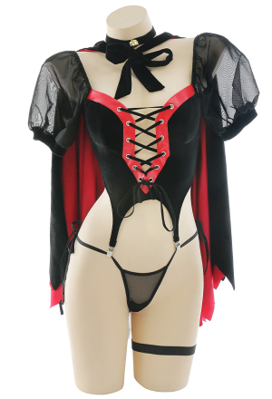 MY HAUNTED HEART Gothic Wild Wolf Girl Sexy Lingerie Set Black and Red Front Lace-Up Vintage Lingerie