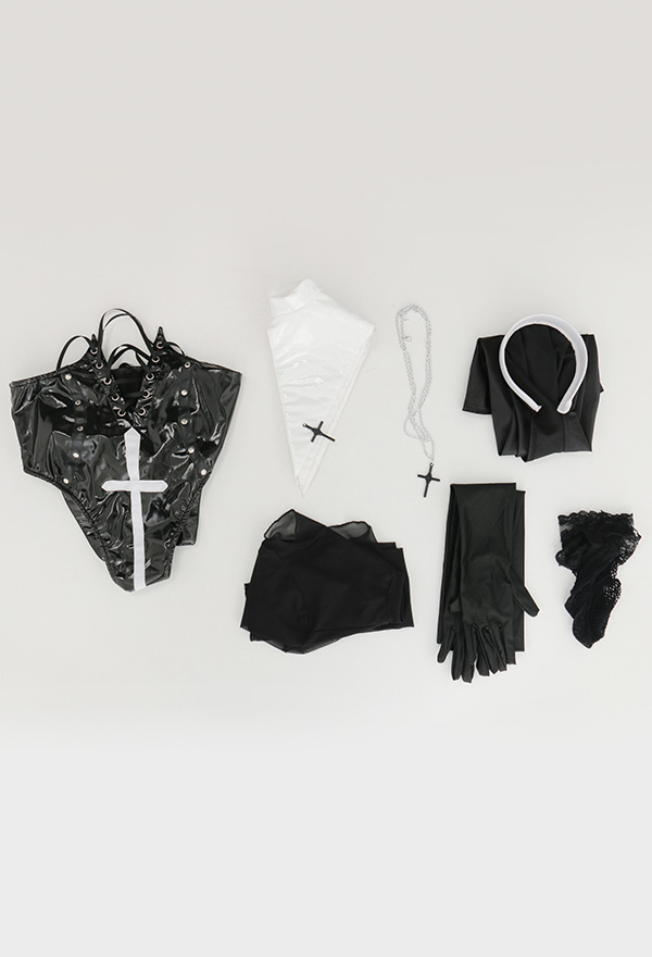 HOLY LOVE Gothic Sexy Nun Suit Black and White Open Chest Mesh Top and Lace-up Bottom Lingerie
