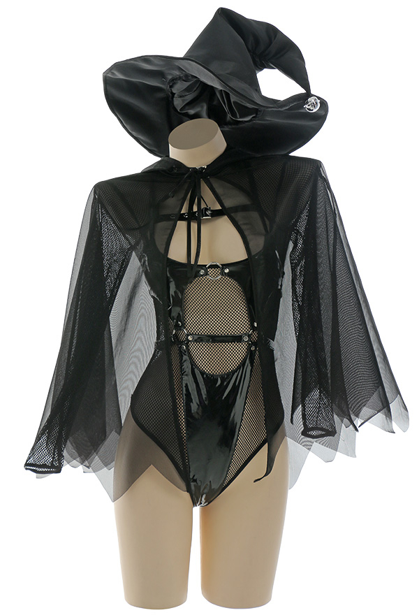 SPELL ON YOU Gothic Dark Witch Sexy Lingerie Set Black Hollowed Front Mesh Bodysuit