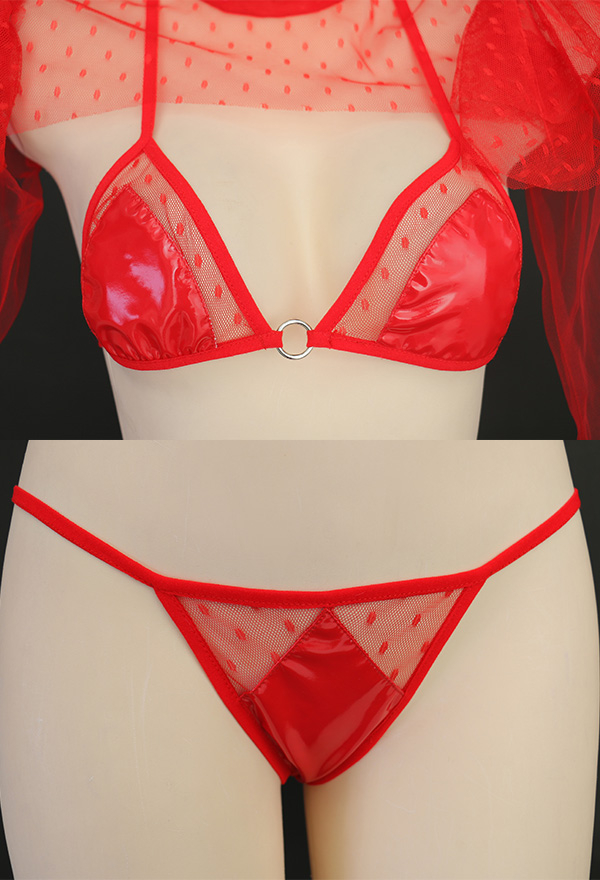 Lydia's Heartbeat Gothic Vampire Two-Piece Sexy Lingerie Set Red PU Leather Bra and Panty with Sheer Top and Skirt