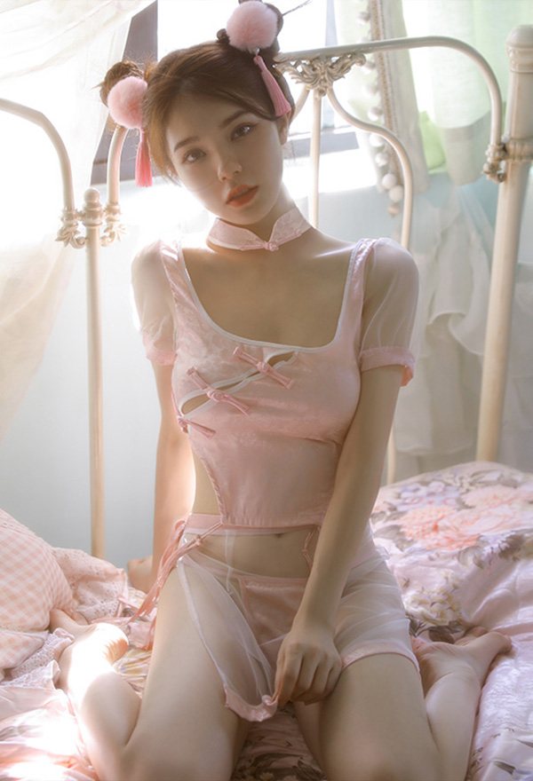 BLOOM for YOU Women Sexy Attractive Cheongsam Lingerie Pink Square Collar Sheer Skirt Lingerie Set