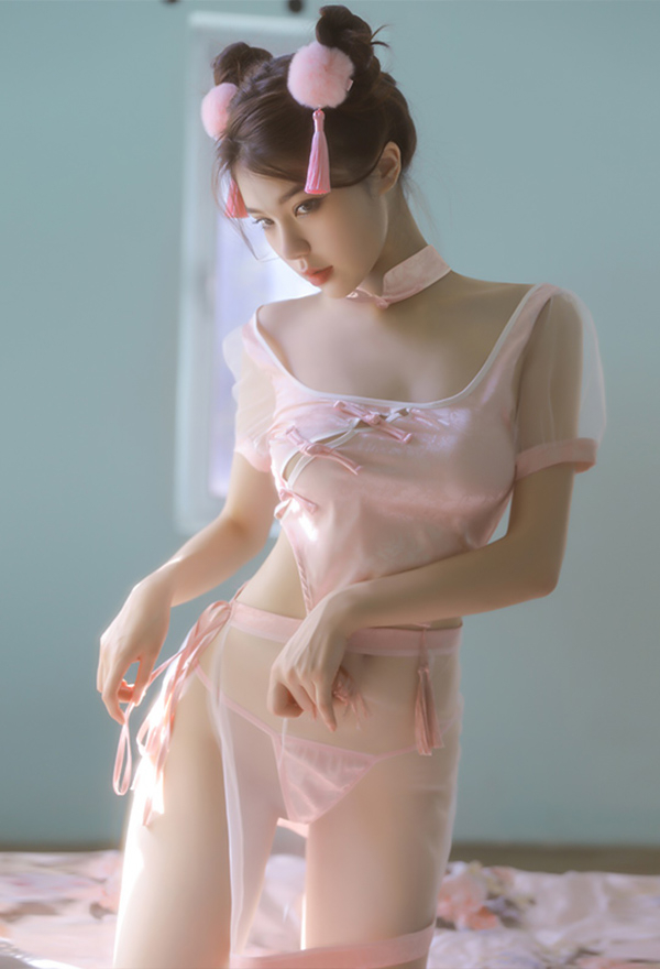 BLOOM for YOU Women Sexy Attractive Cheongsam Lingerie Pink Square Collar Sheer Skirt Lingerie Set