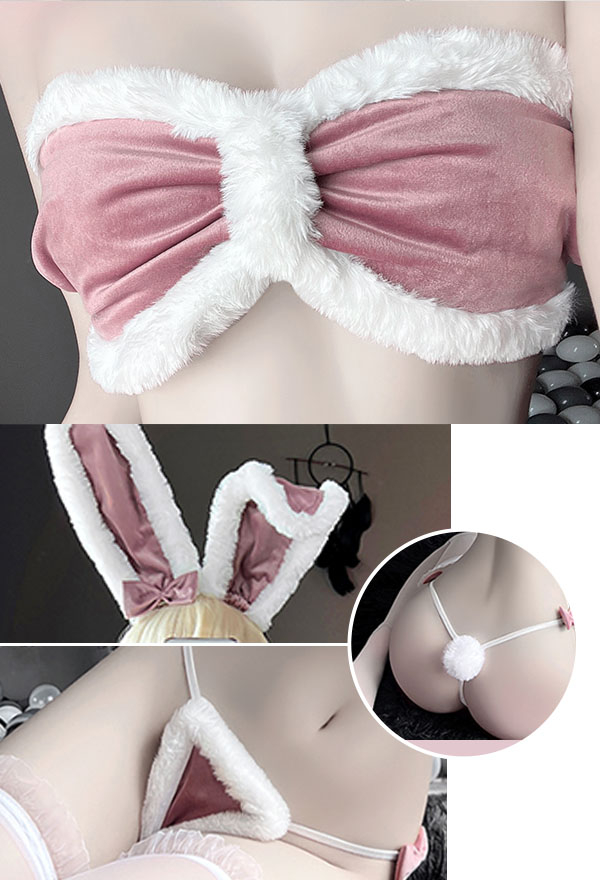 MY HAUNTED HEART Kawaii Girl Sexy Bunny Girl Uniform Pink Bowknot Shape Plush Trim Three Point Fluffy Lingerie Set