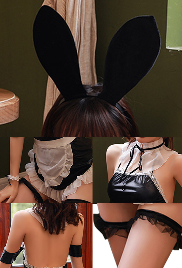 NAUGHTY LOVE Women Seductive Bunny Girl Suit Maid Style Lace Trim Back Bow Decorated Lingerie Dress with Headband