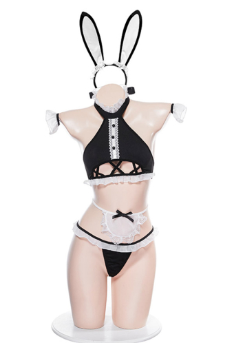 Women Gothic Meet His Need Sexy Maid Uniform Black and White Show Breast Ruffle Decorated Lingerie Set with Apron