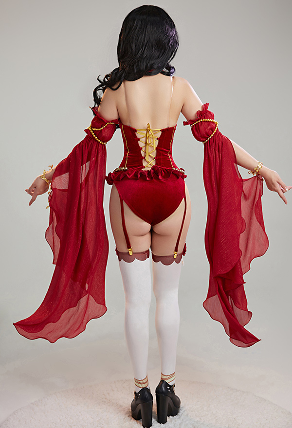 Love Poetry Women Medieval Vampire Sexy Red Rose Decorated Bodysuit