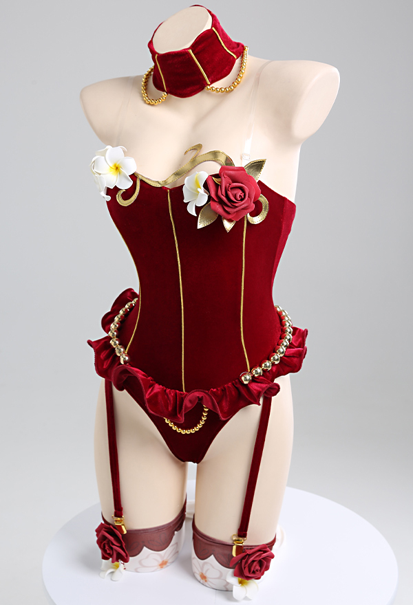 Love Poetry Women Medieval Vampire Sexy Red Rose Decorated Bodysuit