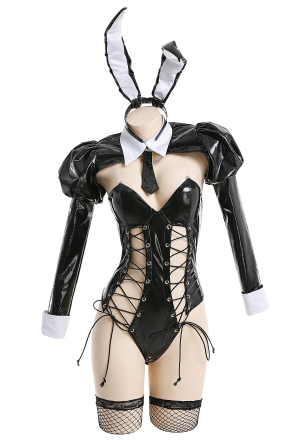 Naughty Love Bunny Girl Black Lace-Up Sexy Bodysuit Lingerie with Long Sleeve Coat