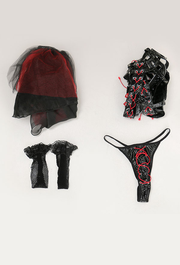 Bloom for You Gothic Punk Bandage Show Breast Top and Panty Lingerie Set with Ruffled Skirt