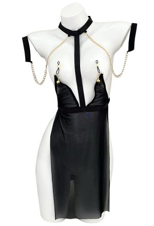 Dark Cure Women Sexy Black Halter Backless Sheer Chain Lingerie Dress
