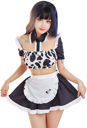 Naughty Love Women Kawaii Cute Black White Cow Print Maid Lingerie Dress