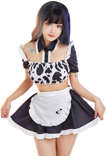 Naughty Love Women Kawaii Cute Black White Cow Print Maid Lingerie Dress