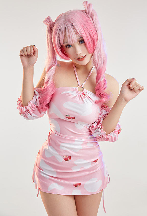 Women Sexy Pink Milk Cow Print Halter Off-Shoulder Bandage Dress