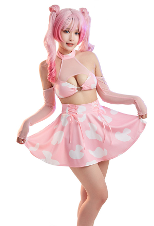 Women Sexy Pink Milk Cow Print Halter Top High Waist Skirt Set