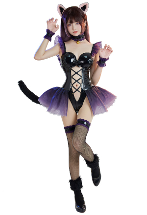 Catgirl Women Gothic Black Hollowed PU Bodysuit with Tail Stockings