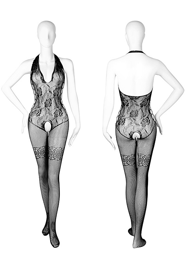 Zeal for You Women See-through Mesh Rose Pattern Halter Sexy Lingerie