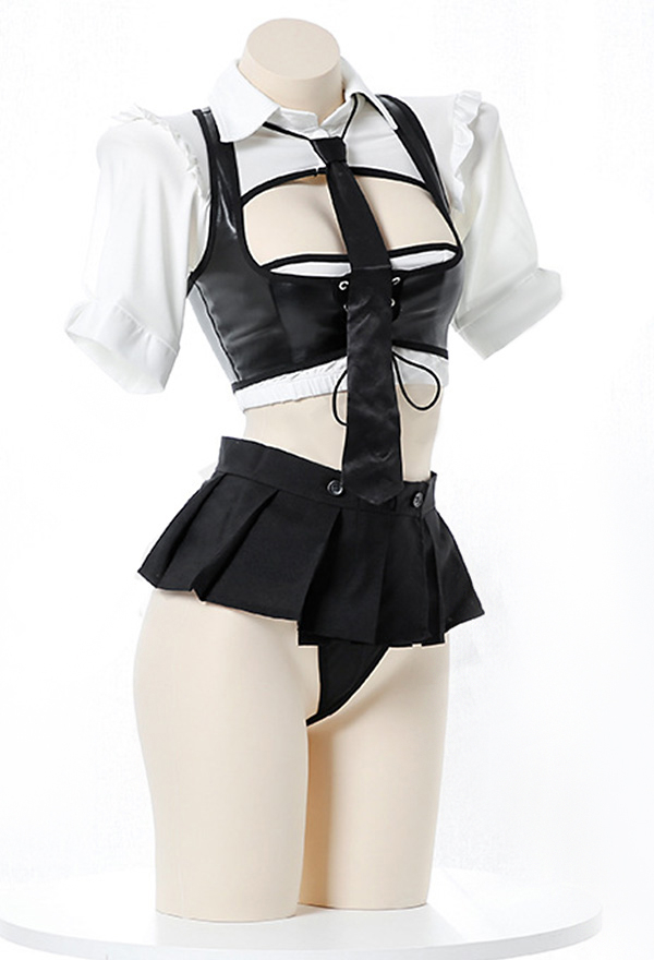 Women Sexy Gothic Black Uniform Style Cutout Lingerie Set