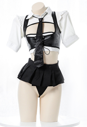 Women Sexy Gothic Black Uniform Style Cutout Lingerie Set
