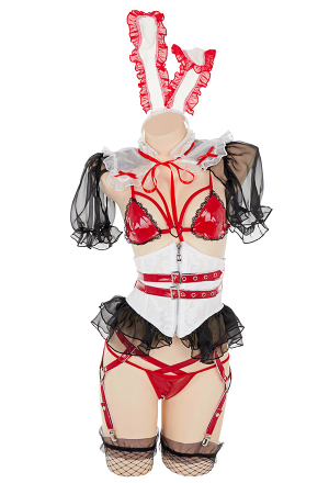 Bunny Girl Women Sexy Black Red Ruffles Lace-up Lingerie Set