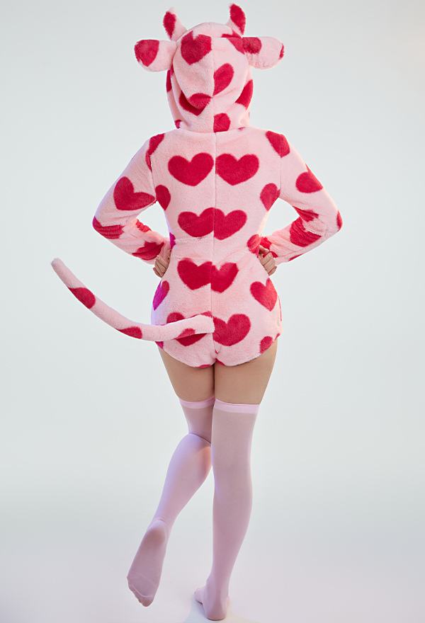 Women Sexy Pink Heart Print Long Sleeve Onesie Bodysuit
