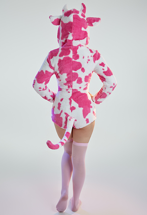 Women Sexy White Pink Cow Print Hooded Pajama Bodysuit