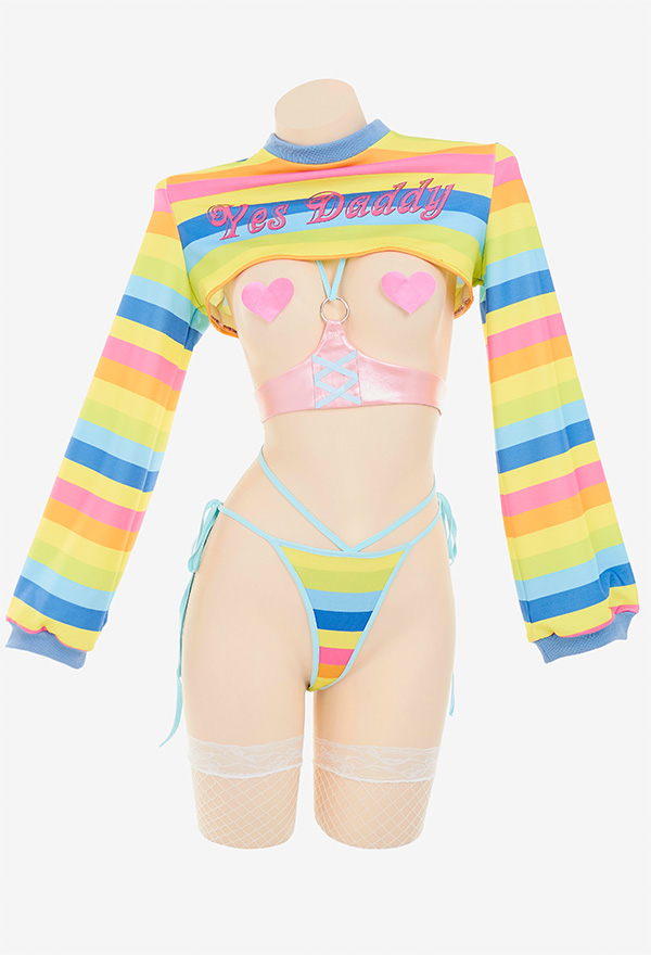 Yes Daddy Women Pride Show Breast Print Rainbow Stripe Sexy Lingerie Set