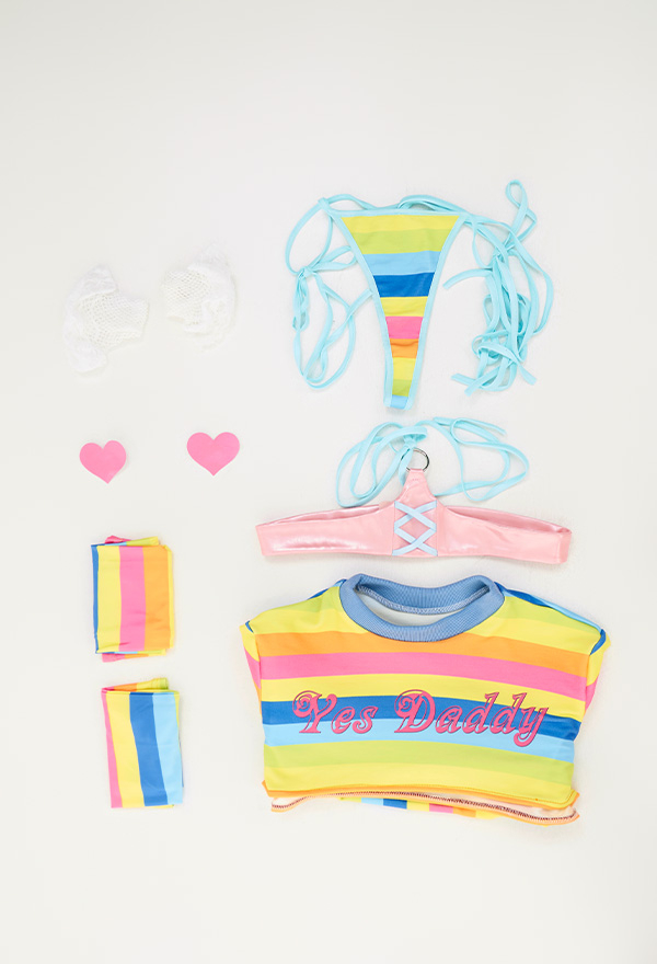 Yes Daddy Women Pride Show Breast Print Rainbow Stripe Sexy Lingerie Set