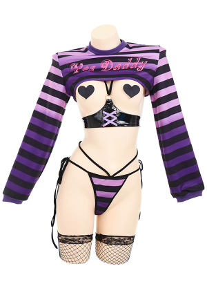 Coeur Allure Women Sexy Purple Show Breast Stripe Sexy Lingerie Set