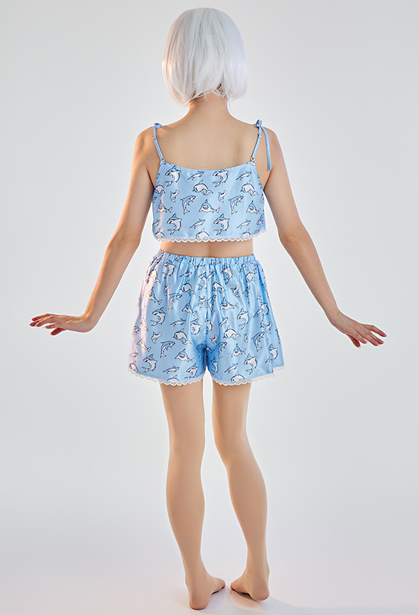 Women Cute Blue Shark Print Cami Top Shorts Two Pieces Sleepwear