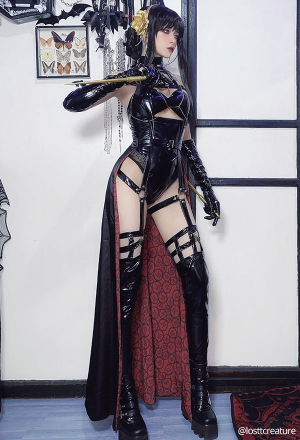 Midnight Spy Yor Women Gothic Sexy Black Hollow PU Leather Bodysuit